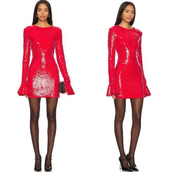 NWT ROTATE Birger Christensen Sequins Long Sleeve Mini Dress Red Cocktail Size 4 - Picture 16 of 16